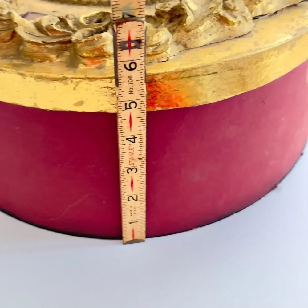 12” Paper Mache Round Box Ornate Gold and Maroon Cherub Decor Victorian Style